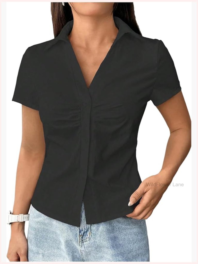 Ruched Button Up Blouse Short Sleeve Collar Shirt Work Tops